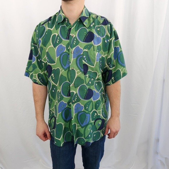 90s/Y2K Green‎ and Blue Silk Shirt - Picture 1 of 4